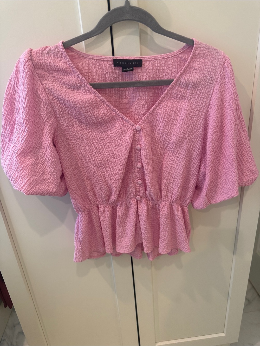 Sanctuary Pink Textured Peplum Button-Front Top